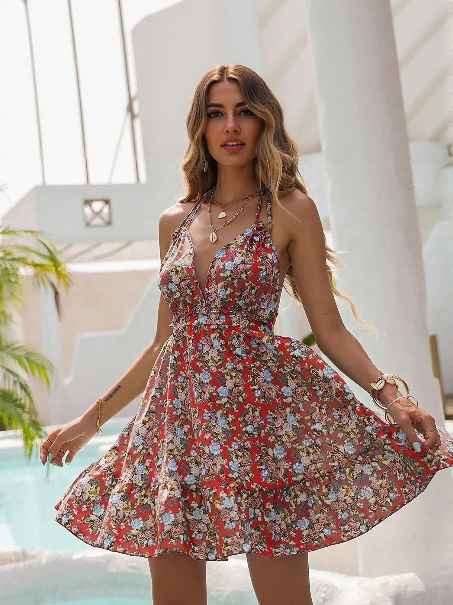 Multi Halter Neck Boho Mini Dress