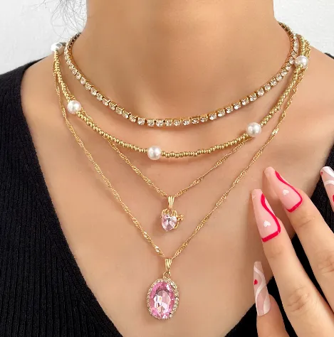 Multi-layer Pink Heart Crystal Necklaces