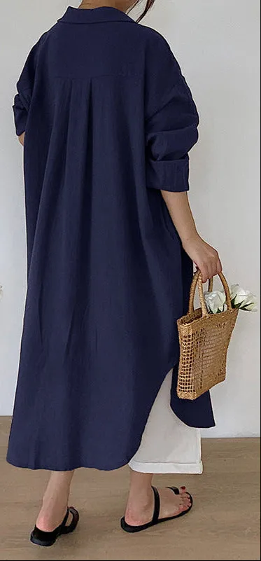 Navy Blue Longline Button Down Shirt Dress