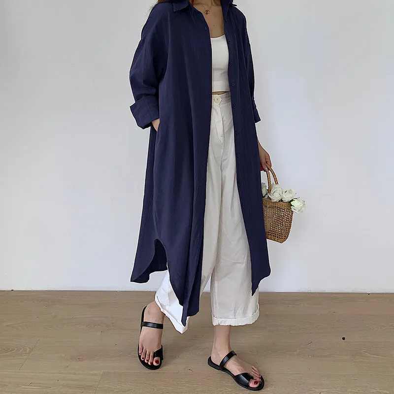 Navy Blue Longline Button Down Shirt Dress