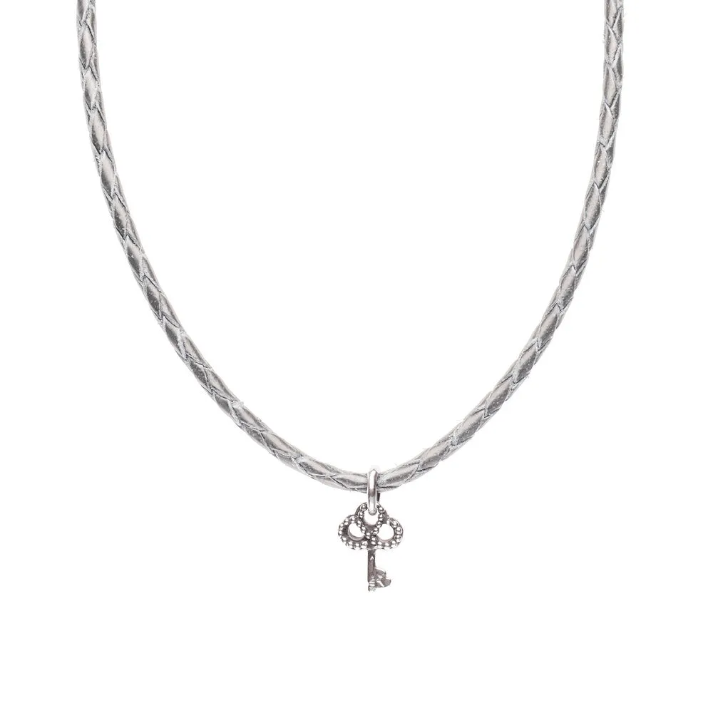 Necklace Leather Braided - Silver, S (16-18inch/41-46cm)