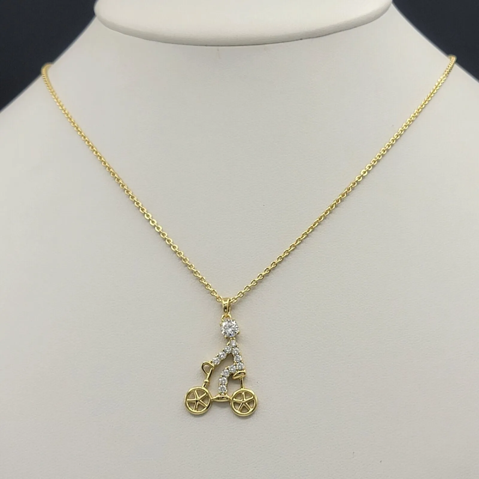 Necklaces - 14K Gold Plated. Clear Crystals Bicycle Bike Pendant & Chain.