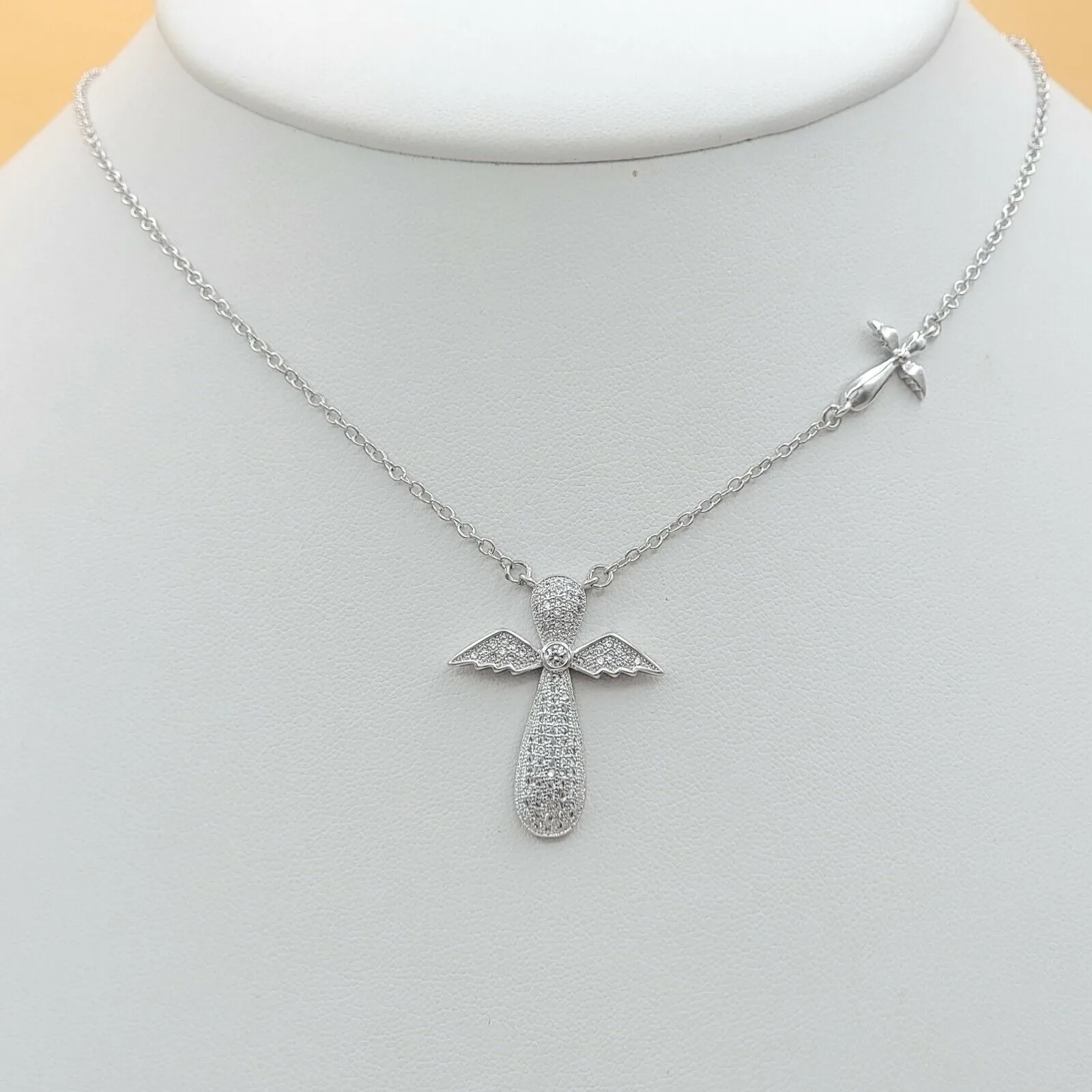 Necklaces - Rhodium Plated. Angel Wings Cross CZ Pendant & Chain.
