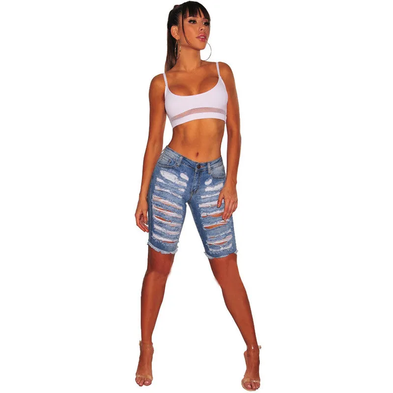 Newest Individuality Women's Ripped Mid Waist Denim Bermuda Shorts