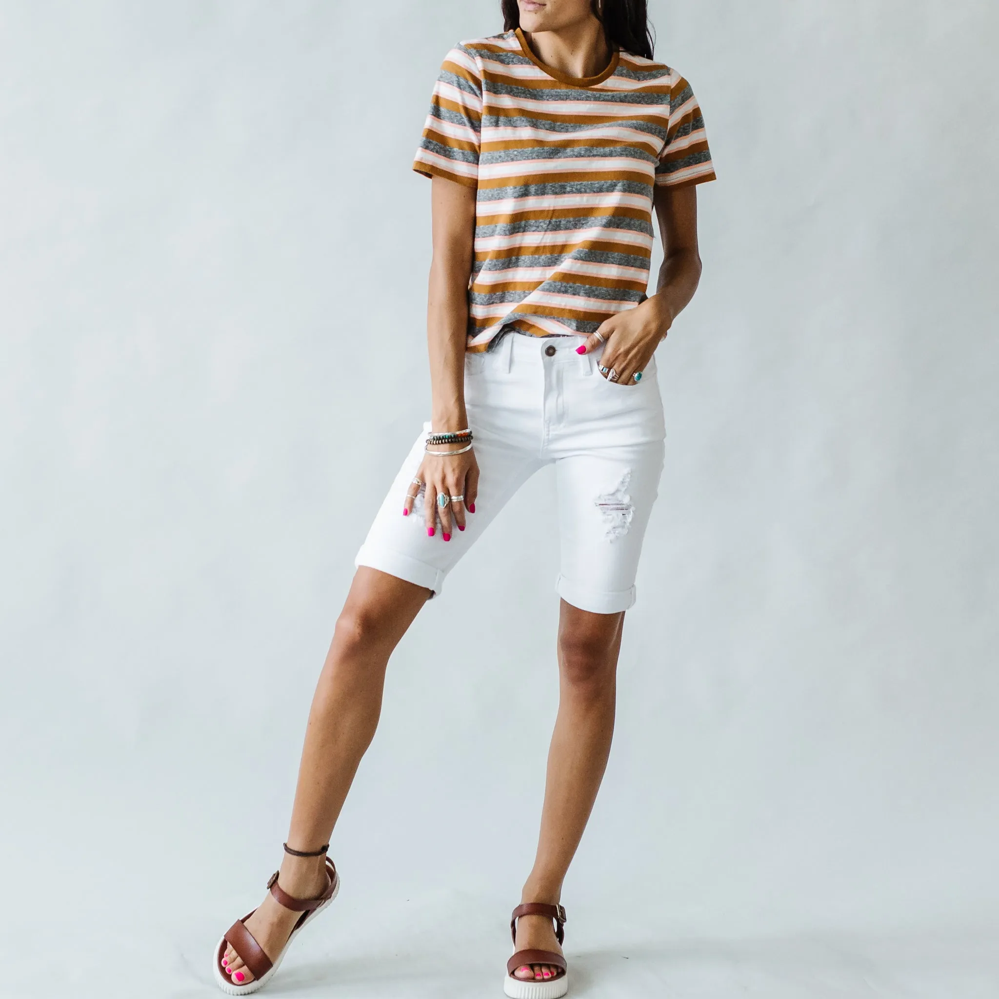 Not Alone Distressed Kancan Bermuda Shorts in White