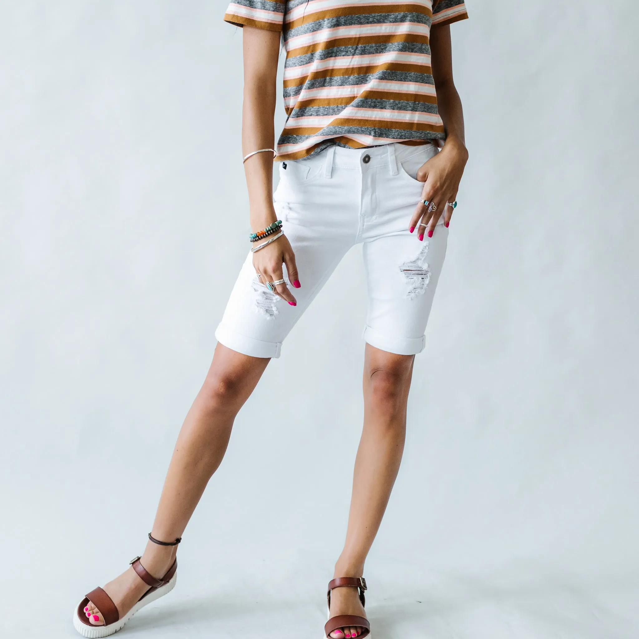 Not Alone Distressed Kancan Bermuda Shorts in White
