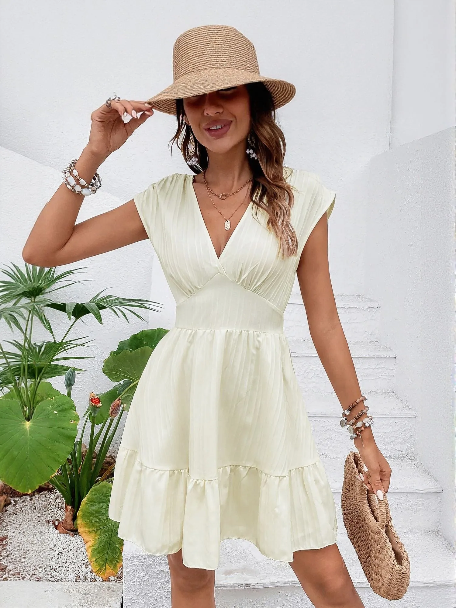 Off White V Neck Tiered Dress