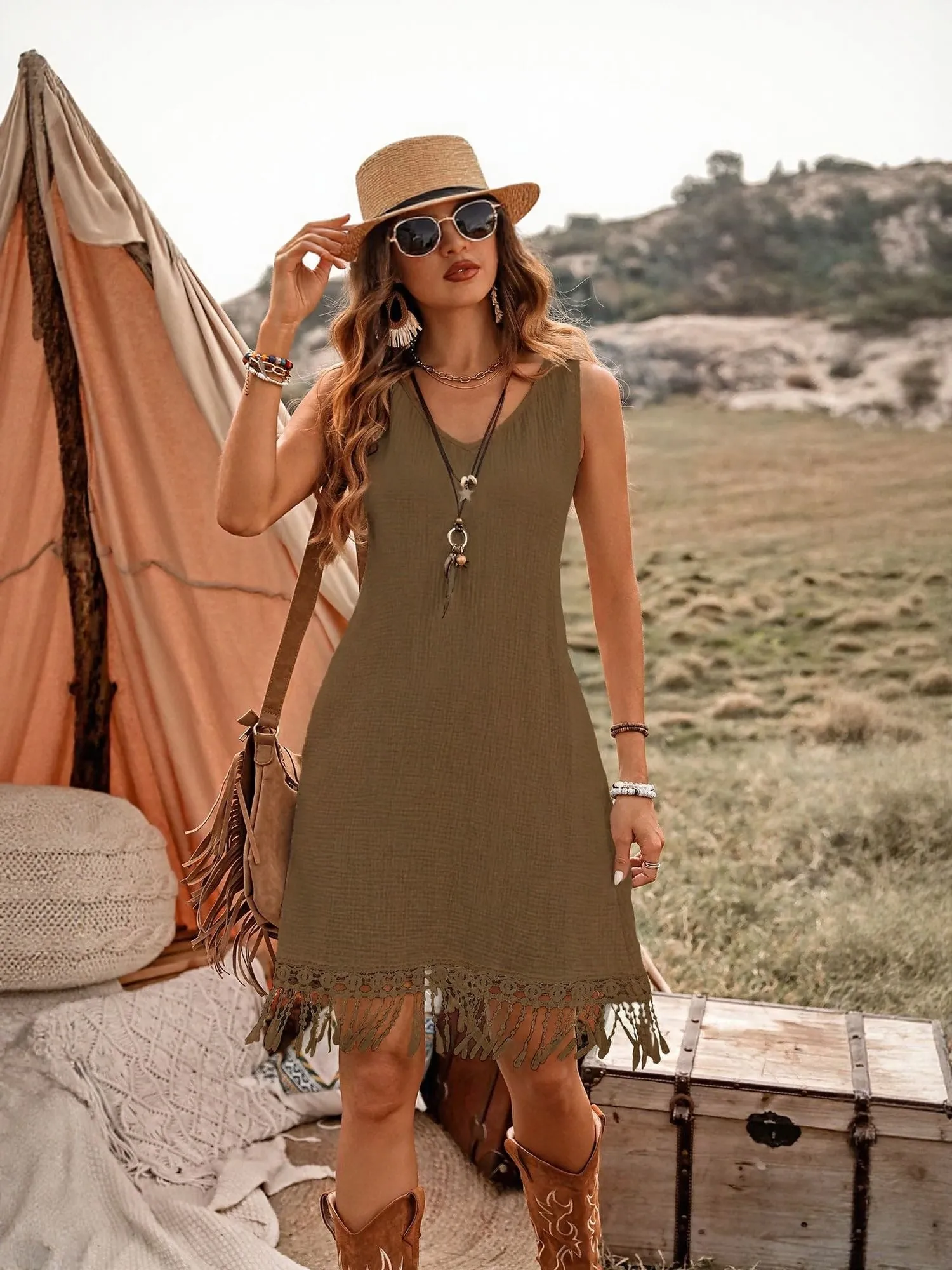 Olive Lace Detail Mini Dress