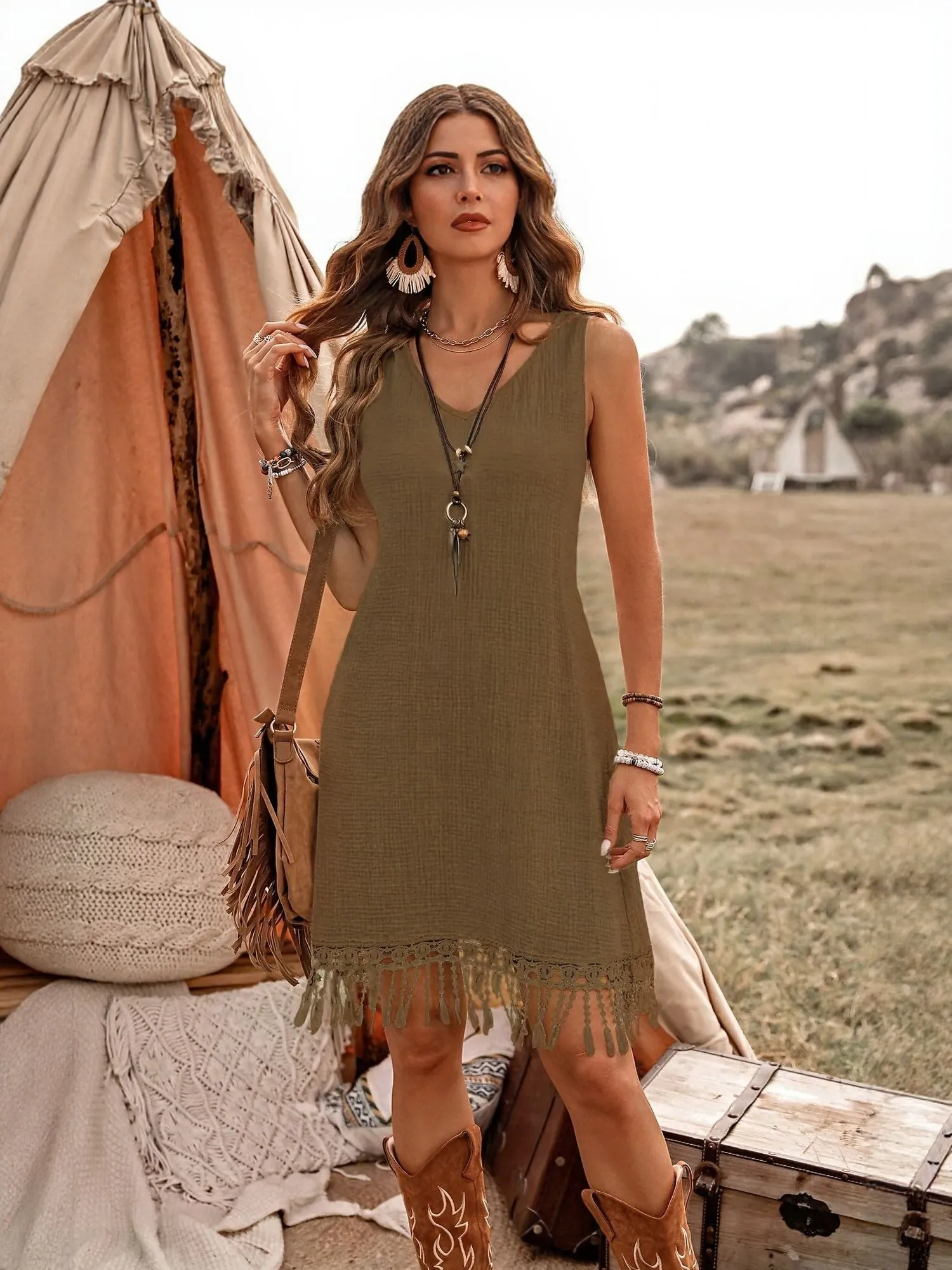 Olive Lace Detail Mini Dress