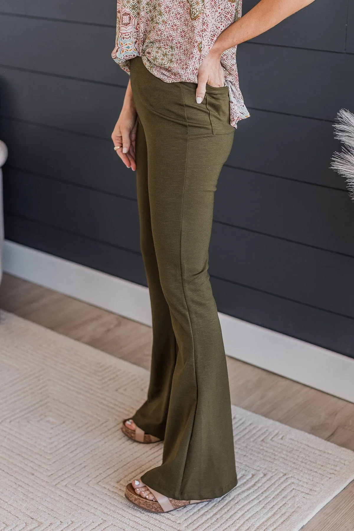 One Foot Forward Knit Flare Pants- Dark Olive
