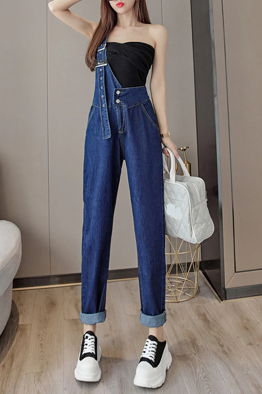 One Shoulder Design Casual Denim Jumpsuits