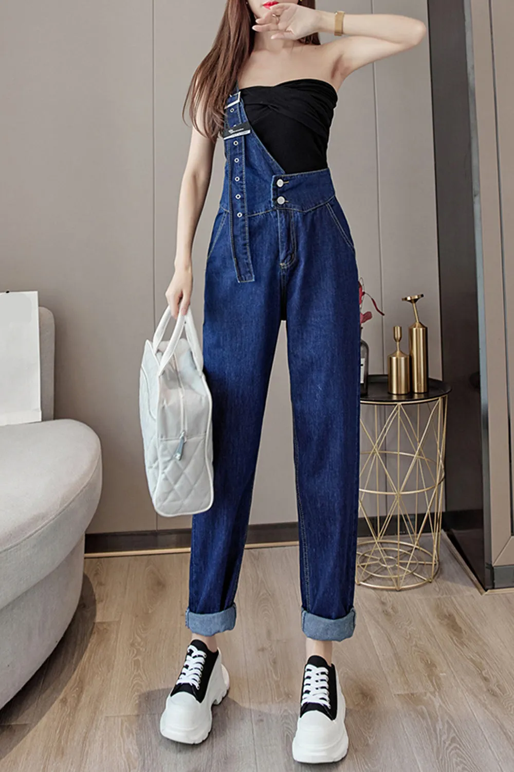 One Shoulder Design Casual Denim Jumpsuits