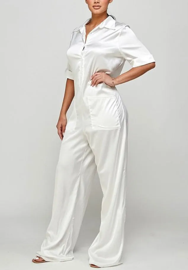 Oversized Long White Button Down Front Jumpsuit