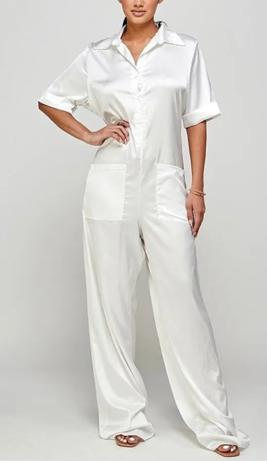 Oversized Long White Button Down Front Jumpsuit