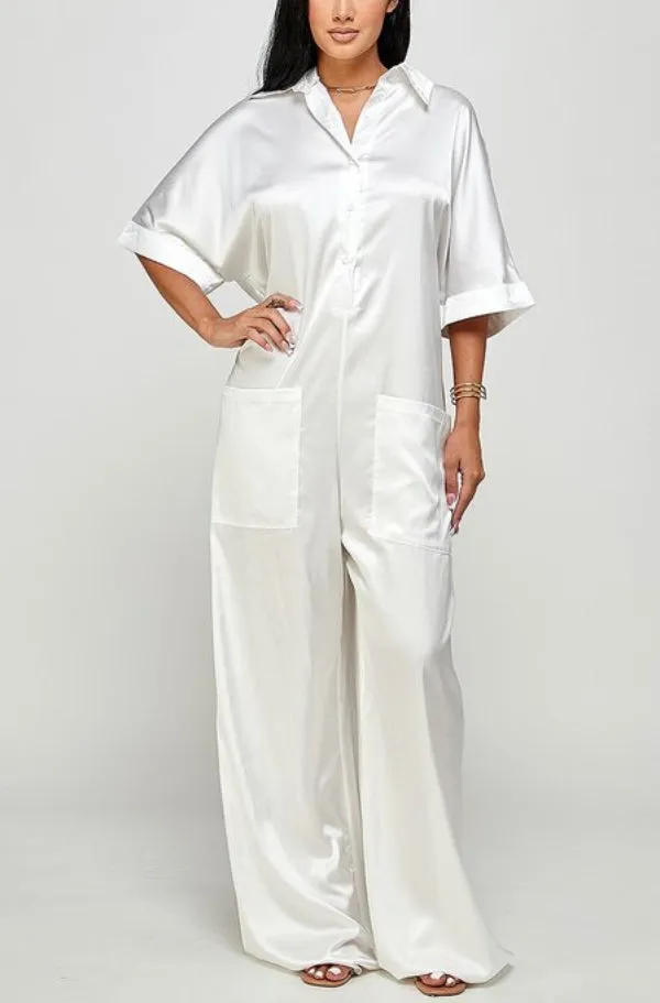Oversized Long White Button Down Front Jumpsuit