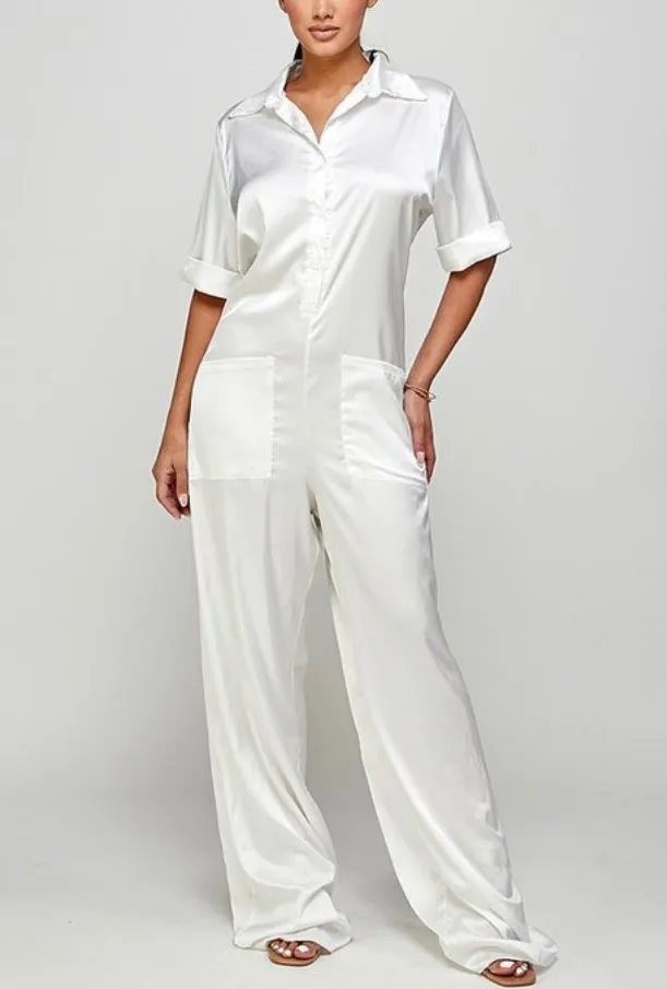 Oversized Long White Button Down Front Jumpsuit