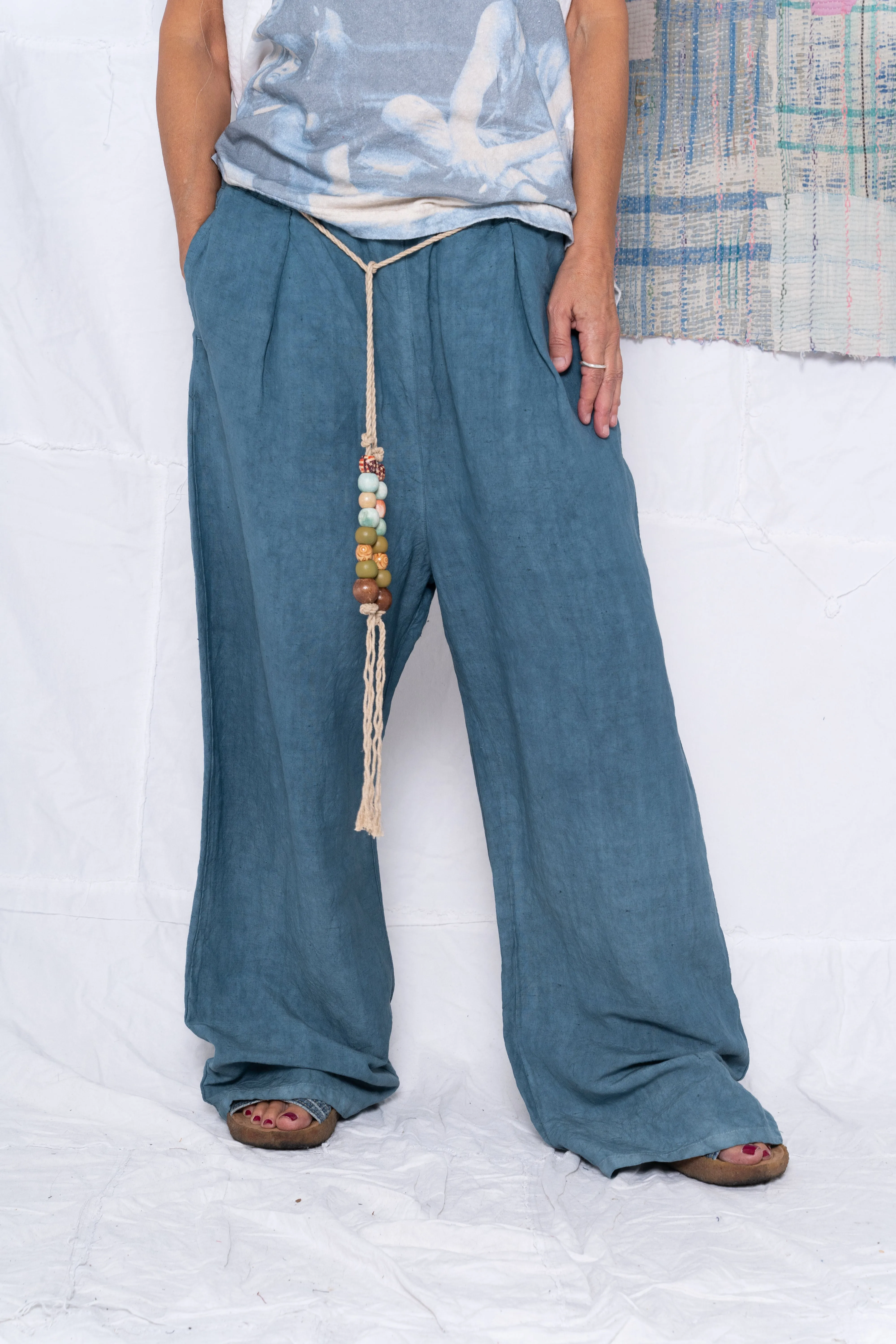 P73 Flare Pleated Wild Silk & Hemp Uneven Dye Teal