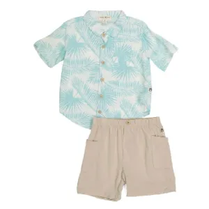 Palm Print Linen Boys Matching Short Set