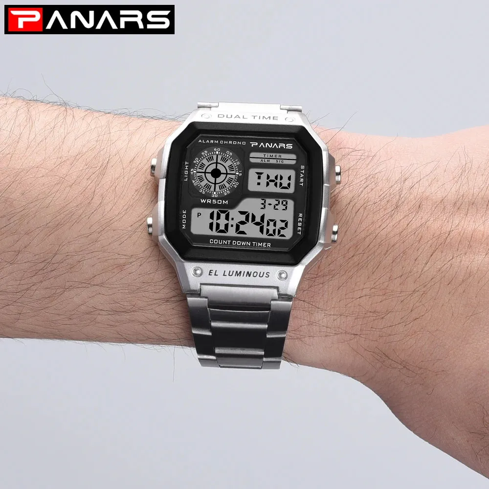 PANARS Watch Men Sport Digital Watches Chronograph Waterproof Watch Stainless Business Wristwatches Male Clock Relogio Masculino