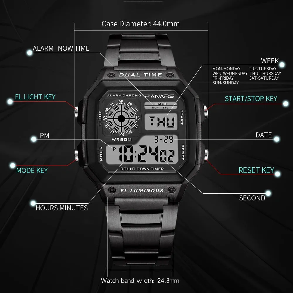 PANARS Watch Men Sport Digital Watches Chronograph Waterproof Watch Stainless Business Wristwatches Male Clock Relogio Masculino