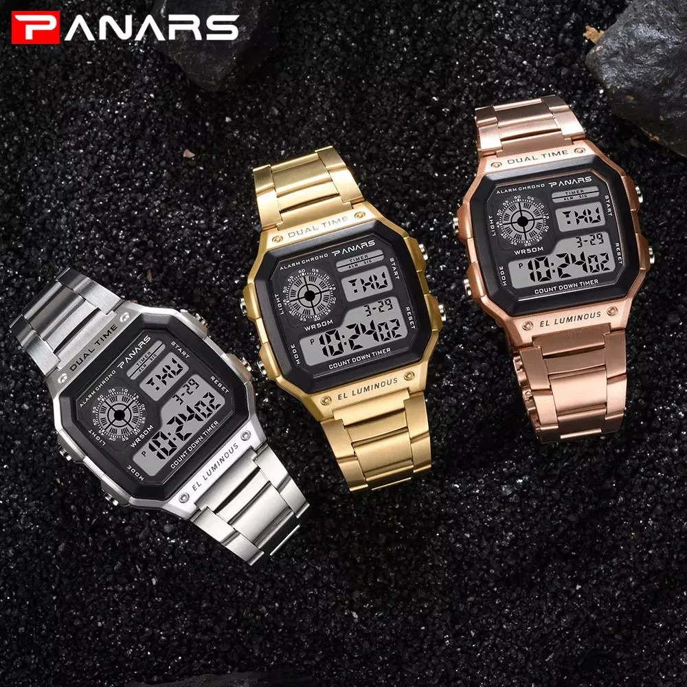 PANARS Watch Men Sport Digital Watches Chronograph Waterproof Watch Stainless Business Wristwatches Male Clock Relogio Masculino
