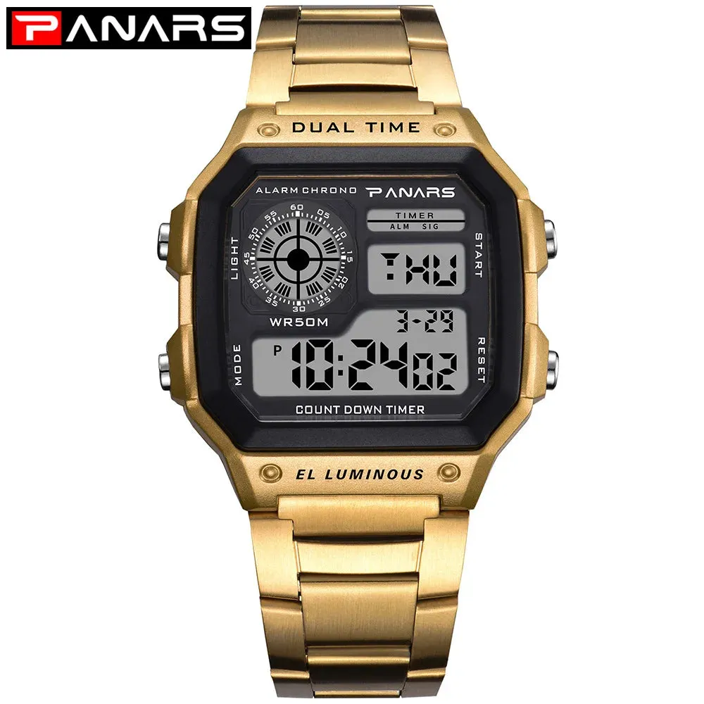 PANARS Watch Men Sport Digital Watches Chronograph Waterproof Watch Stainless Business Wristwatches Male Clock Relogio Masculino