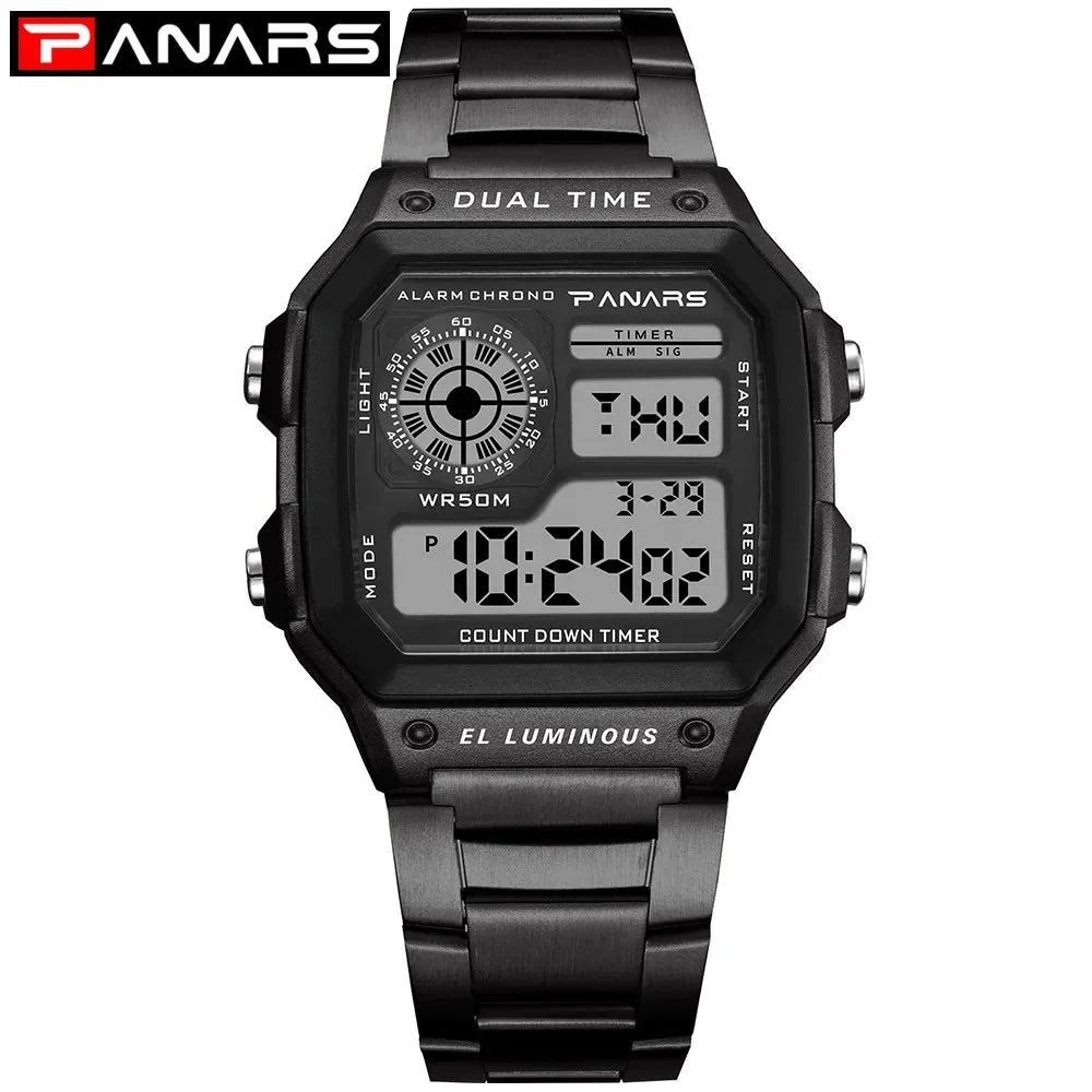 PANARS Watch Men Sport Digital Watches Chronograph Waterproof Watch Stainless Business Wristwatches Male Clock Relogio Masculino