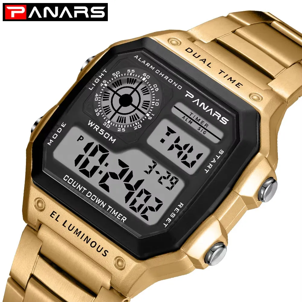 PANARS Watch Men Sport Digital Watches Chronograph Waterproof Watch Stainless Business Wristwatches Male Clock Relogio Masculino