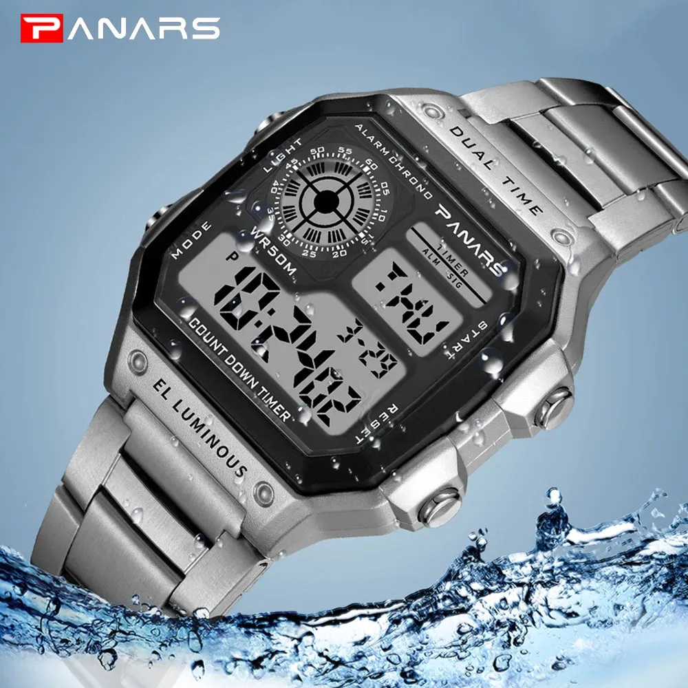 PANARS Watch Men Sport Digital Watches Chronograph Waterproof Watch Stainless Business Wristwatches Male Clock Relogio Masculino