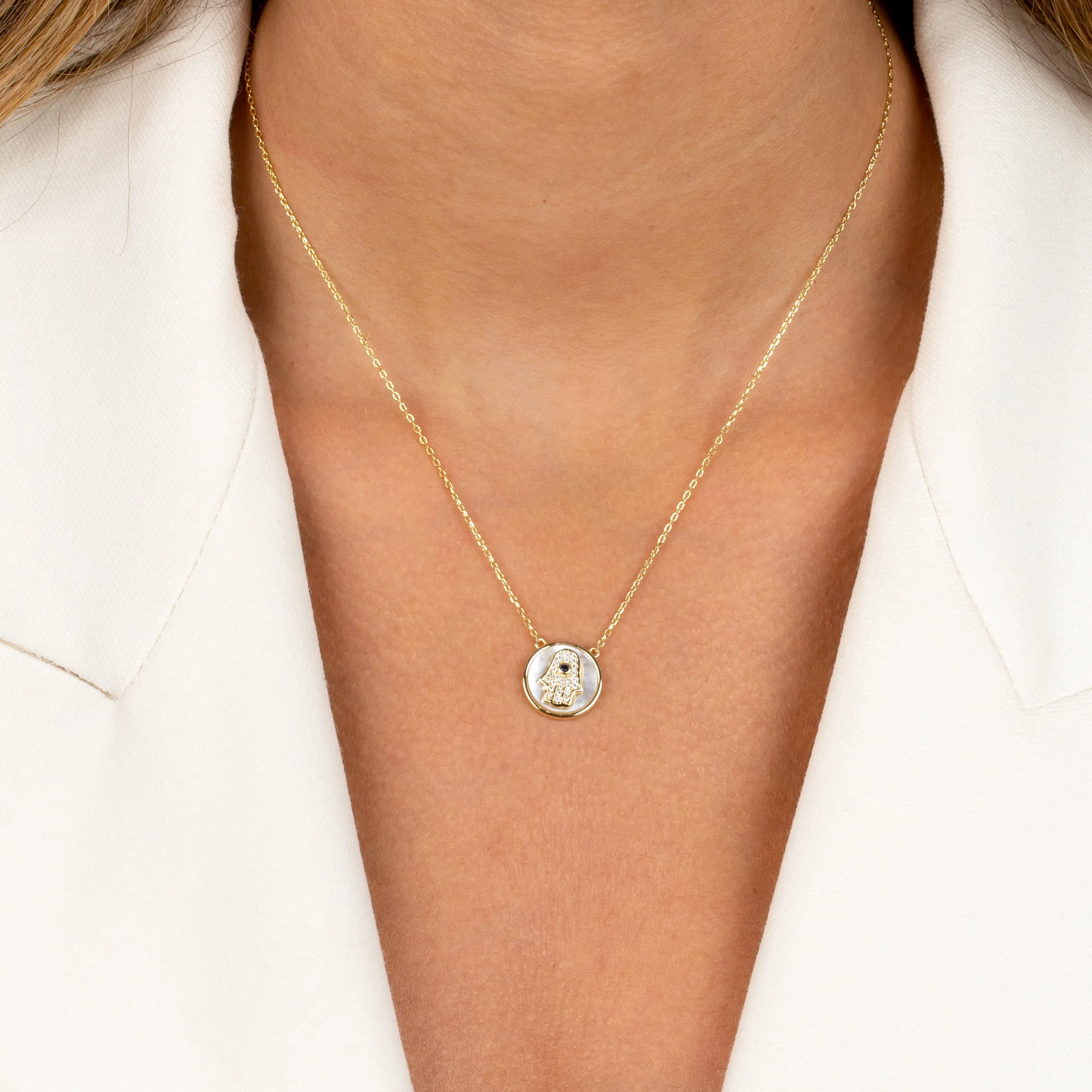 Pavé Colored Hamsa Disc Necklace