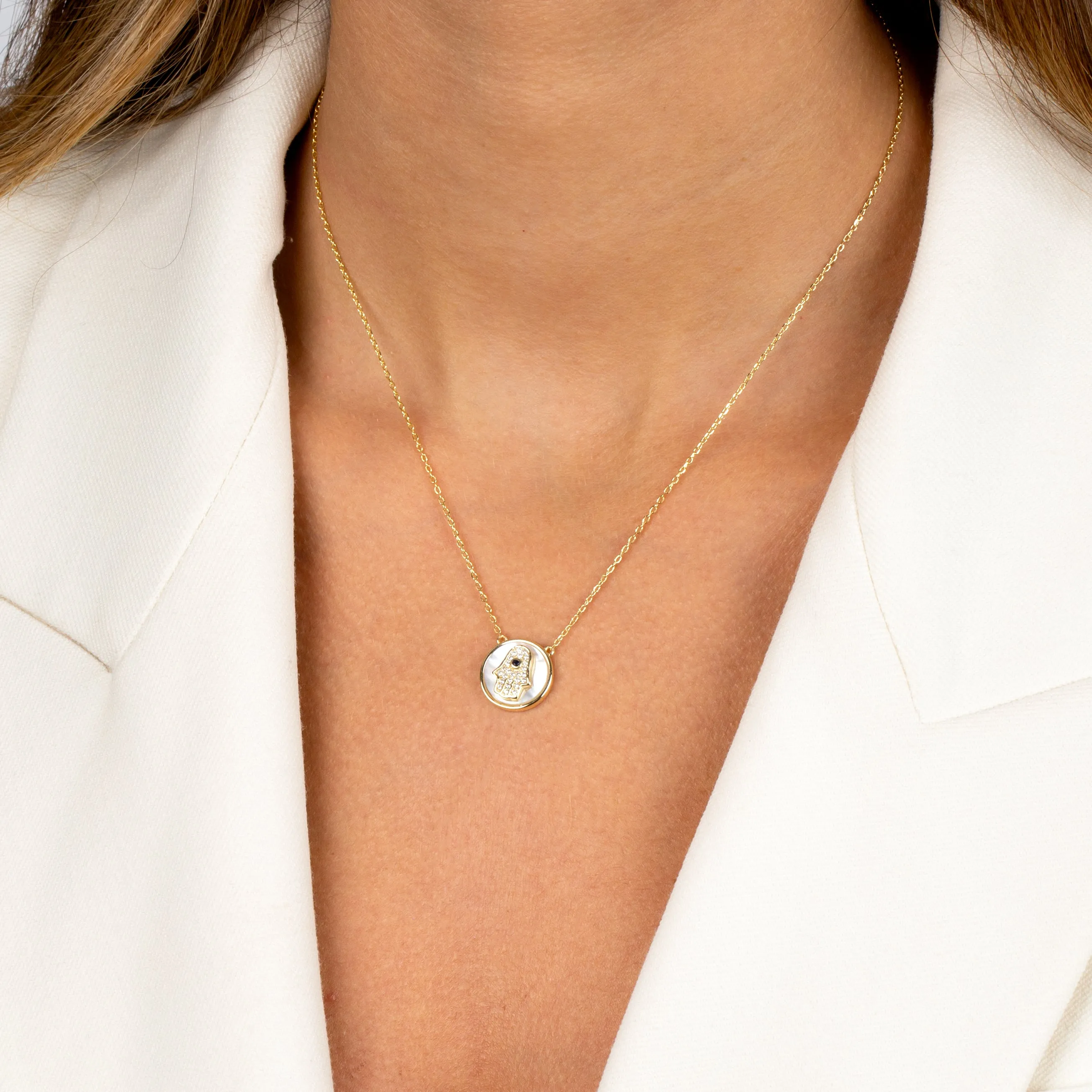 Pavé Colored Hamsa Disc Necklace