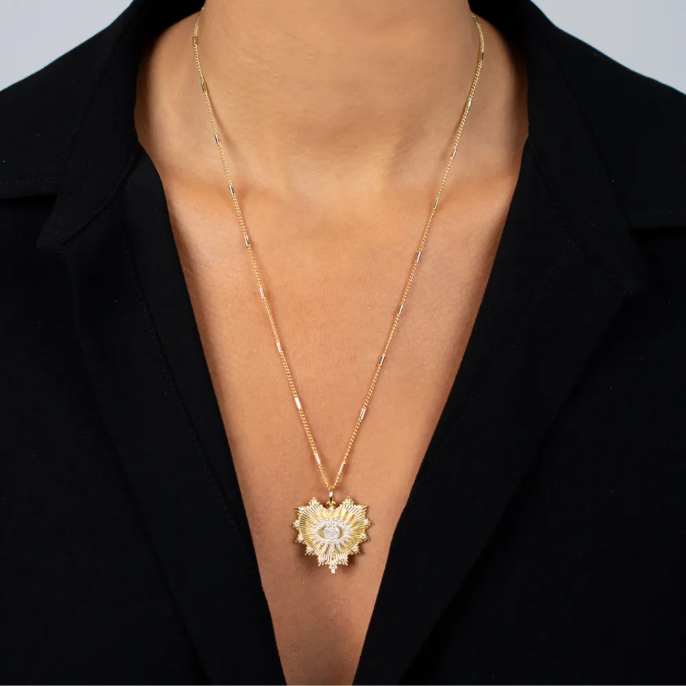 Pave Evil Eye Heart Medallion Necklace Charm