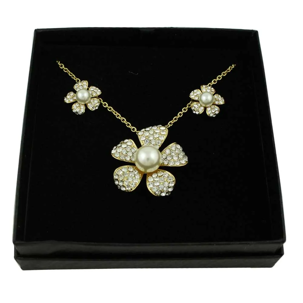Pearl and Crystal Flower Necklace and Earring Jewelry Gift Set - PT408BS