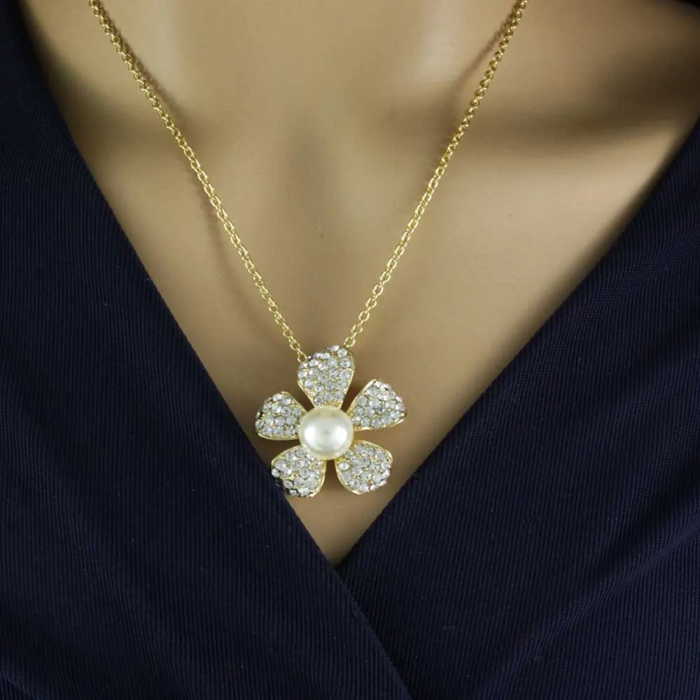 Pearl and Crystal Flower Necklace and Earring Jewelry Gift Set - PT408BS