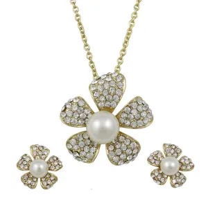 Pearl and Crystal Flower Necklace and Earring Jewelry Gift Set - PT408BS