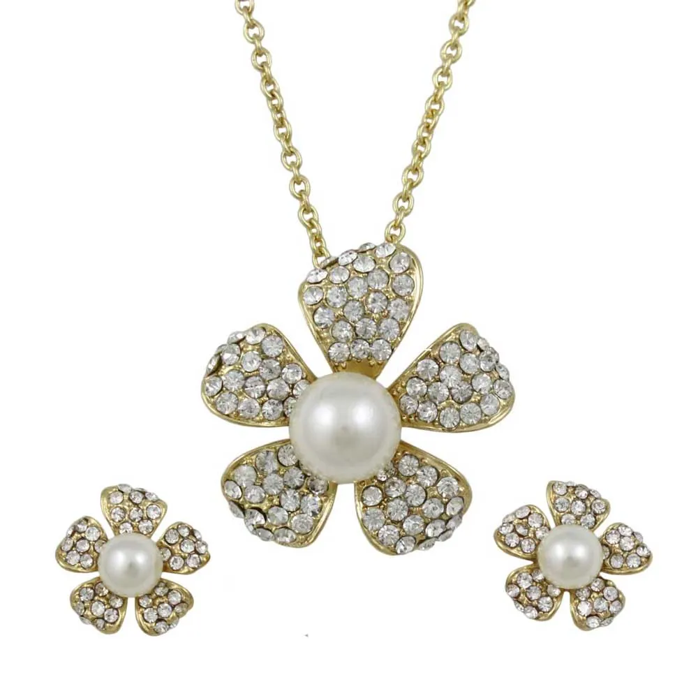 Pearl and Crystal Flower Necklace and Earring Jewelry Gift Set - PT408BS