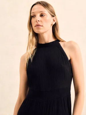 Petite Black Shirred Waist Cheesecloth Jumpsuit
