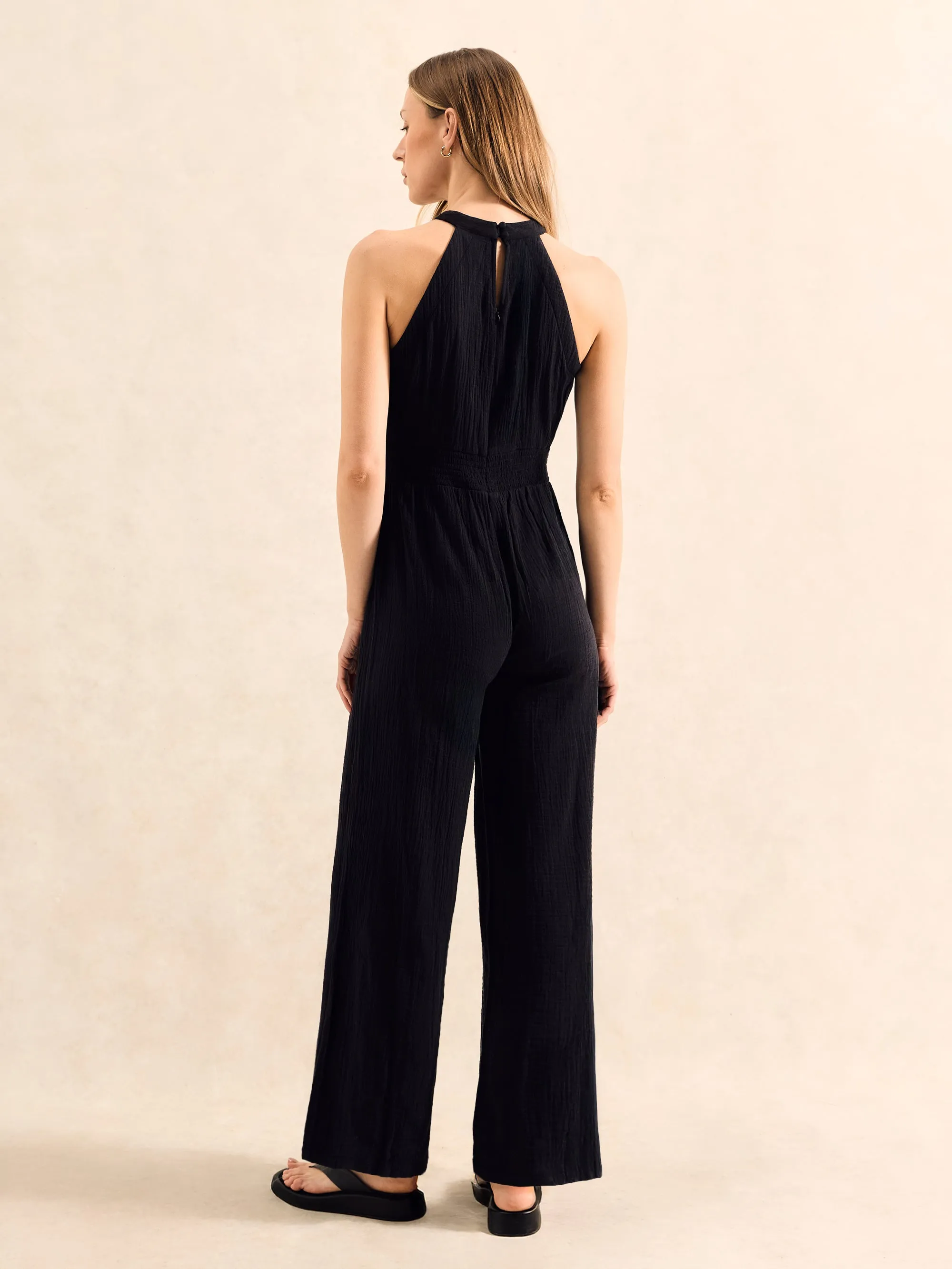 Petite Black Shirred Waist Cheesecloth Jumpsuit