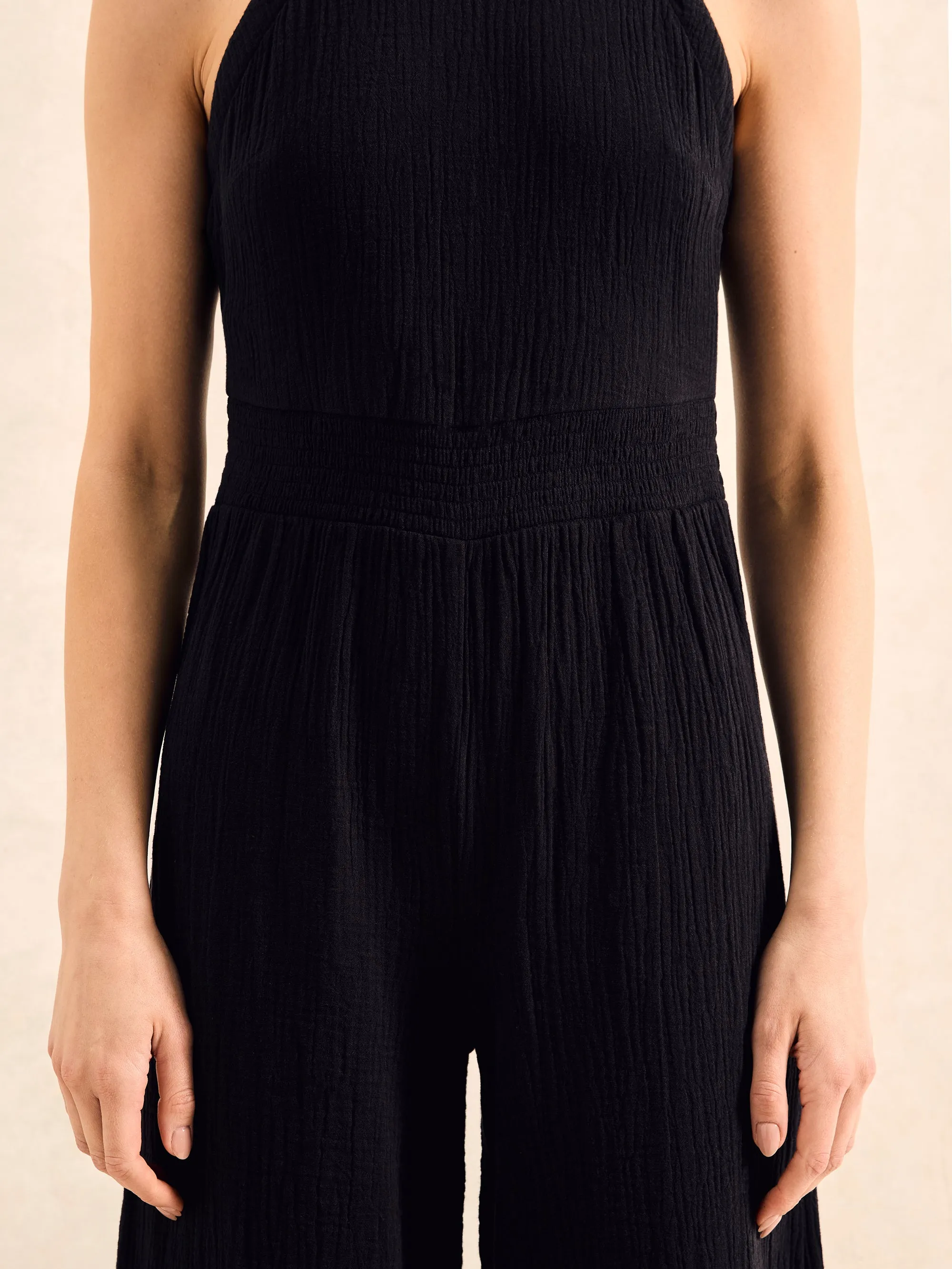 Petite Black Shirred Waist Cheesecloth Jumpsuit