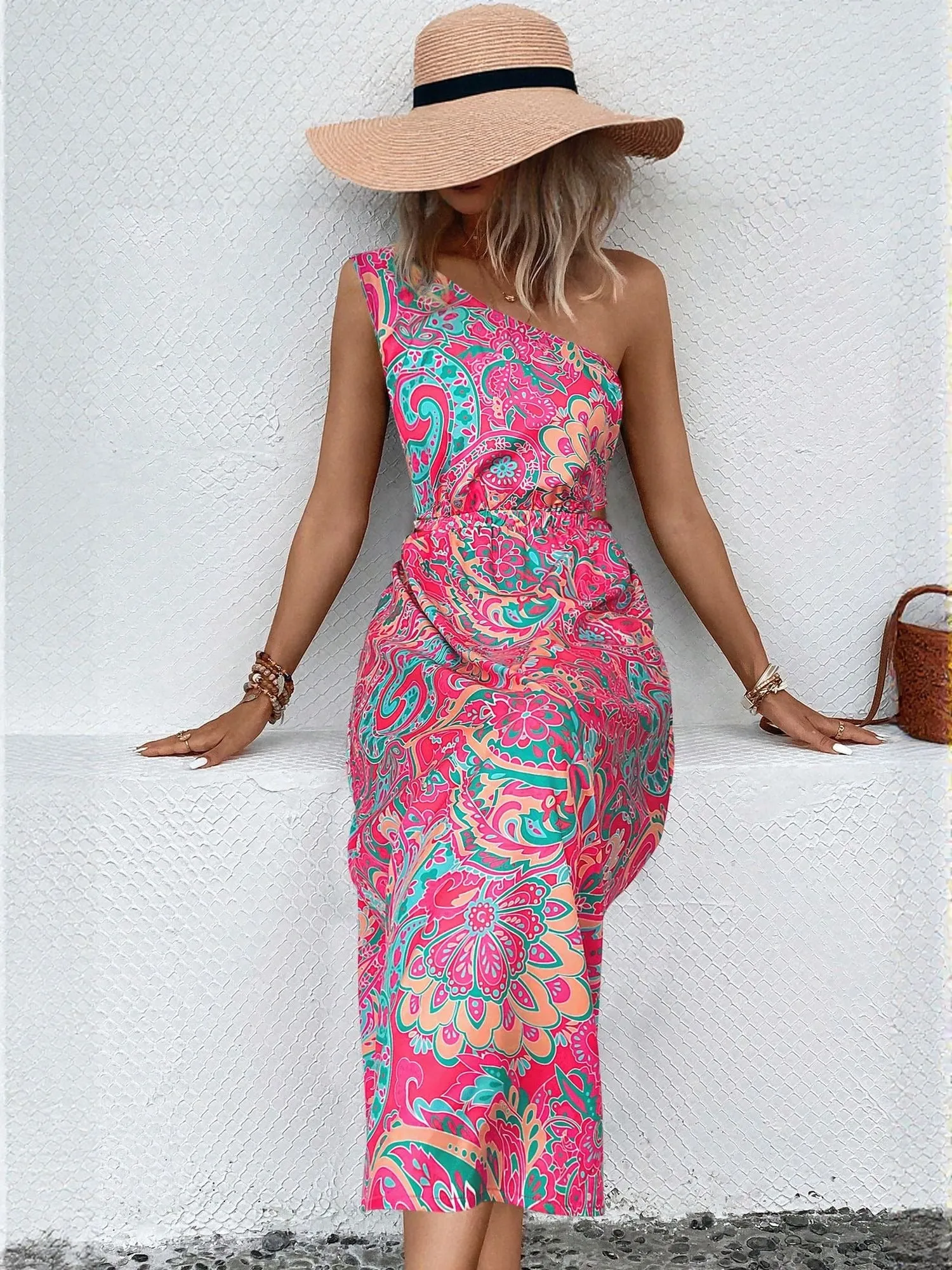 Pink Paisely Print One Shoulder Flared Midi Dress