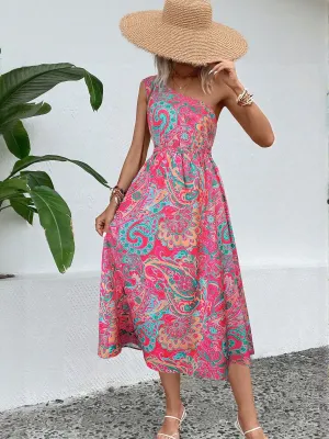 Pink Paisely Print One Shoulder Flared Midi Dress