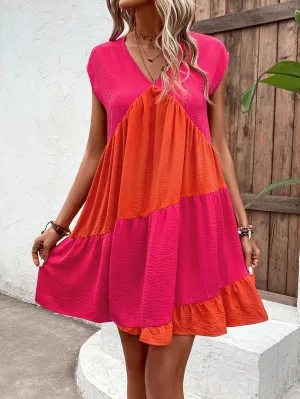 Pink V Neck Tiered Dress