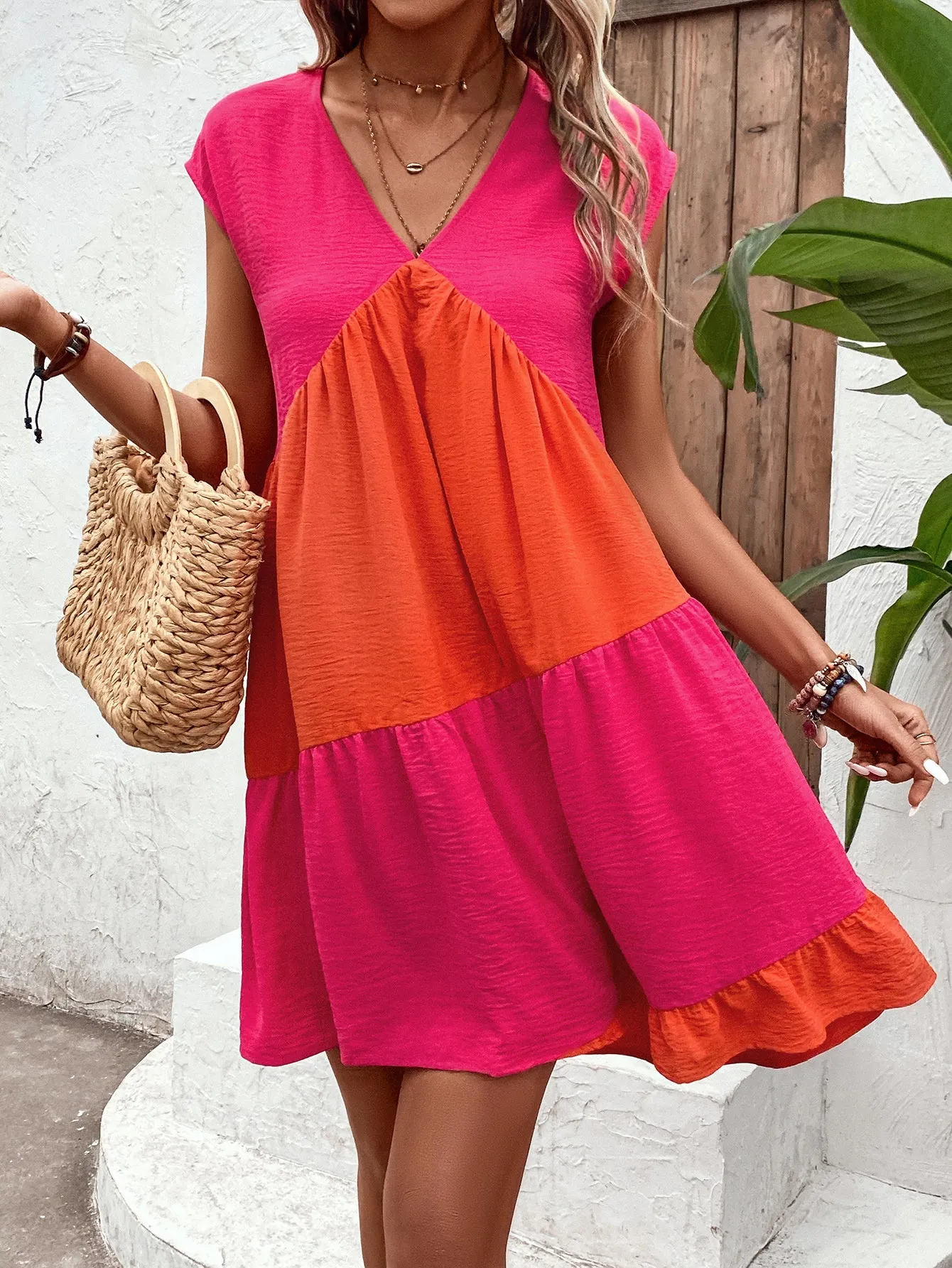 Pink V Neck Tiered Dress
