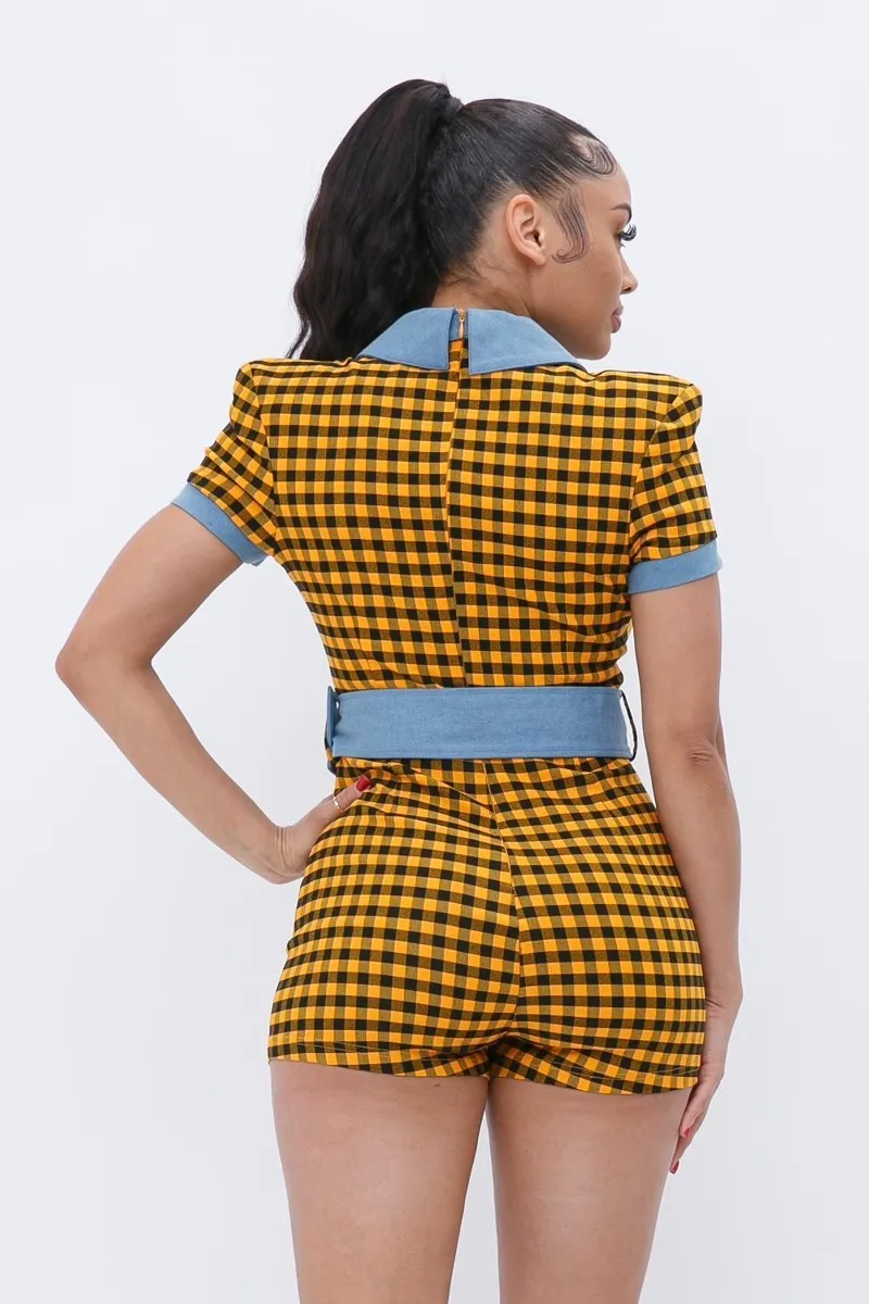 Plaid Print Denim Romper
