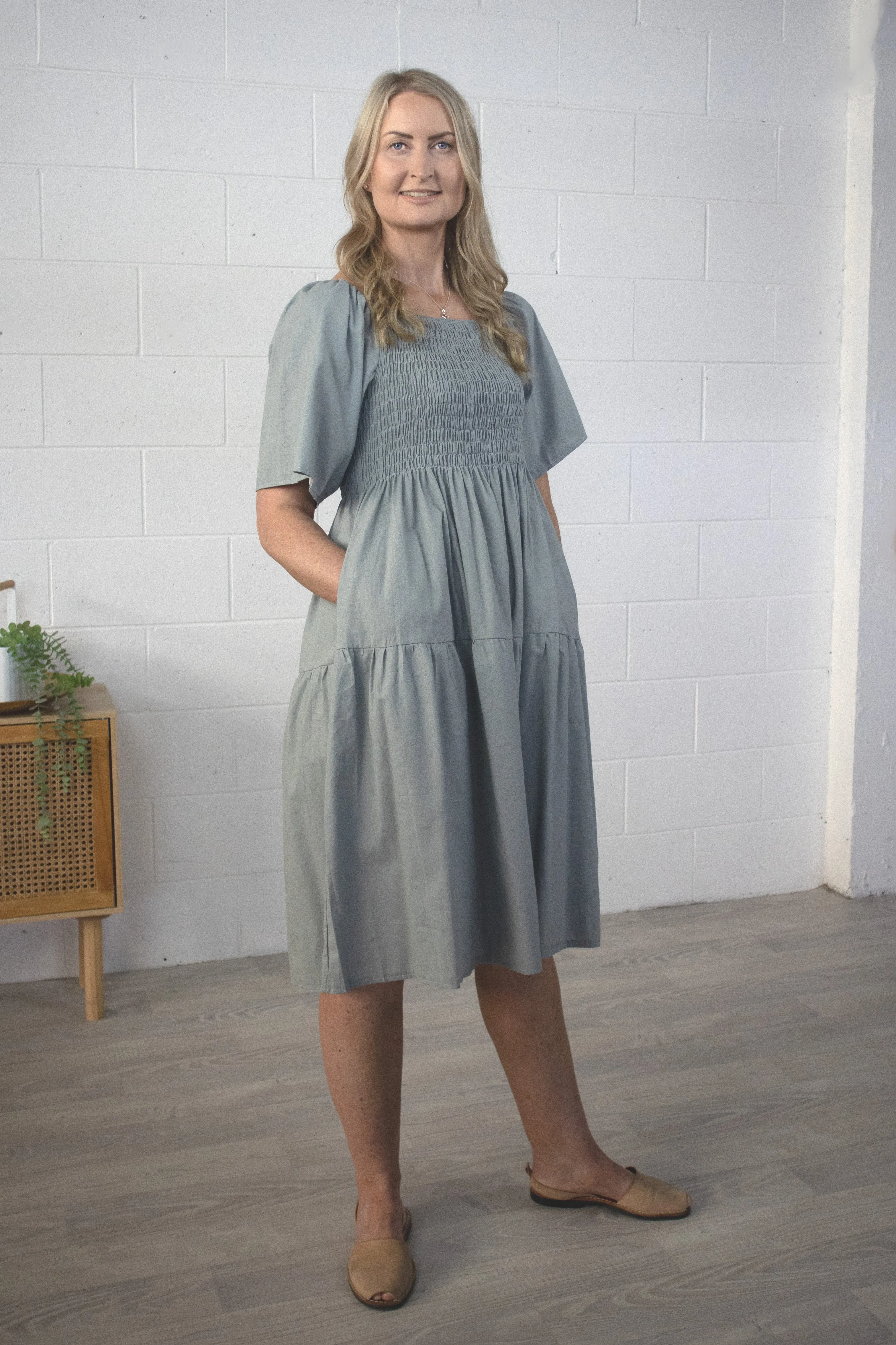 Plain Shirred Bust Louisa Dress - Grey