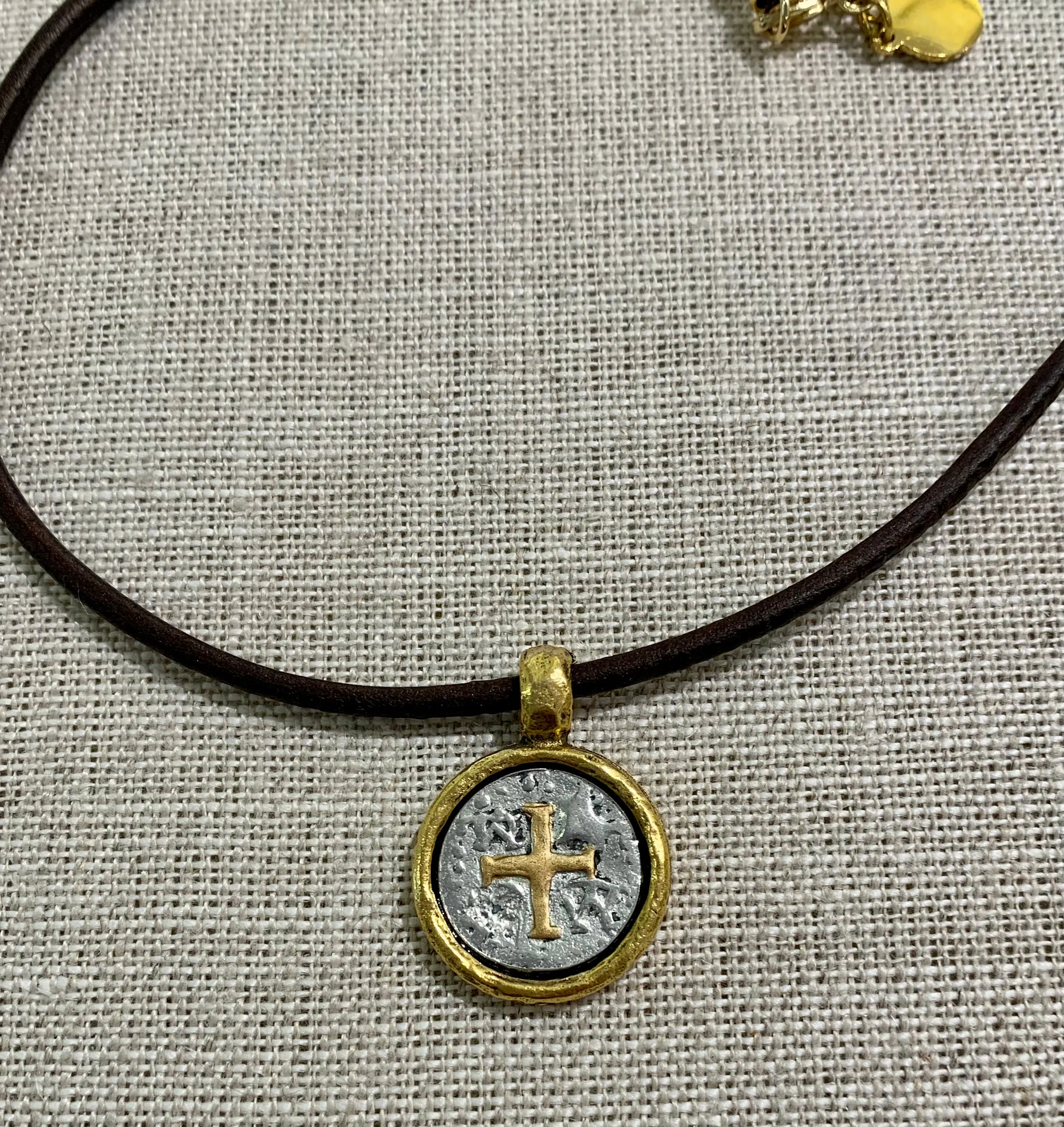 Plated Coin w/ Cross on Leather Choker