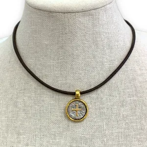 Plated Coin w/ Cross on Leather Choker