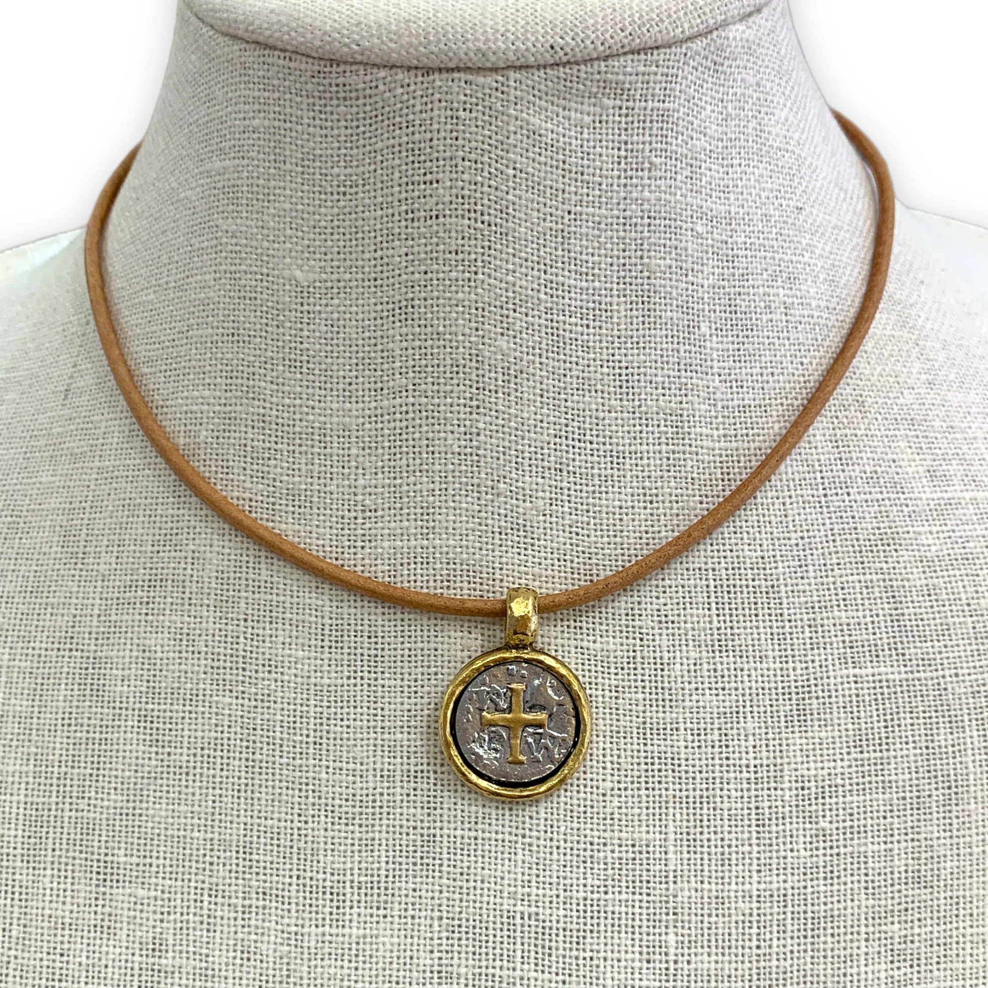Plated Coin w/ Cross on Leather Choker
