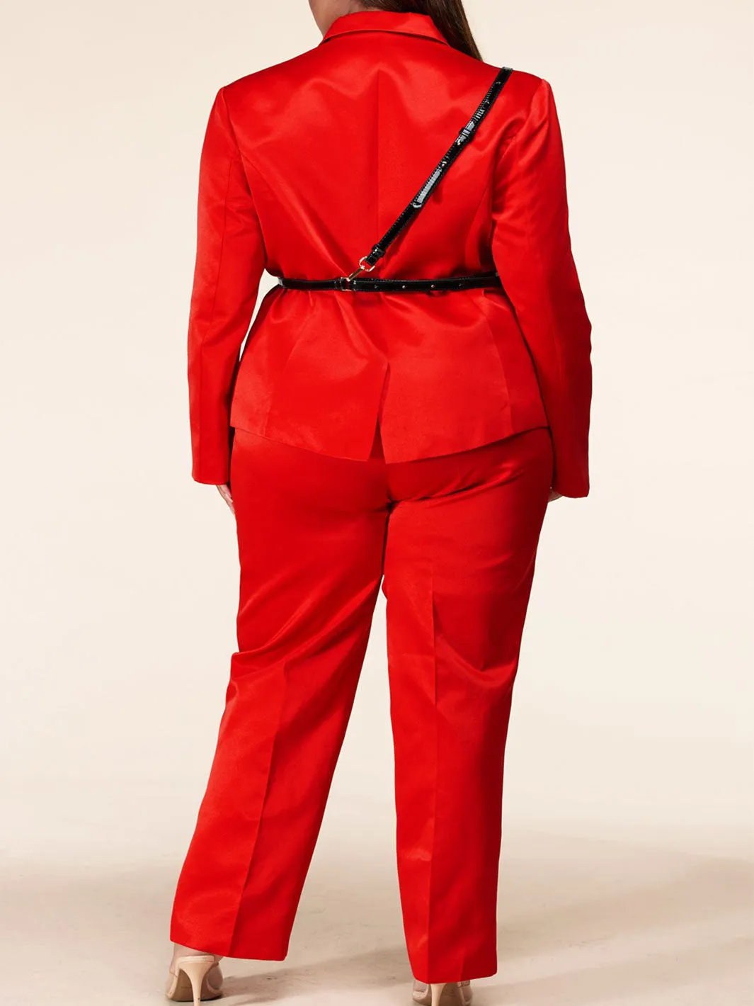 PLUS SIZE BELT DETAILED 2PC. JACKET AND PANTS SET
