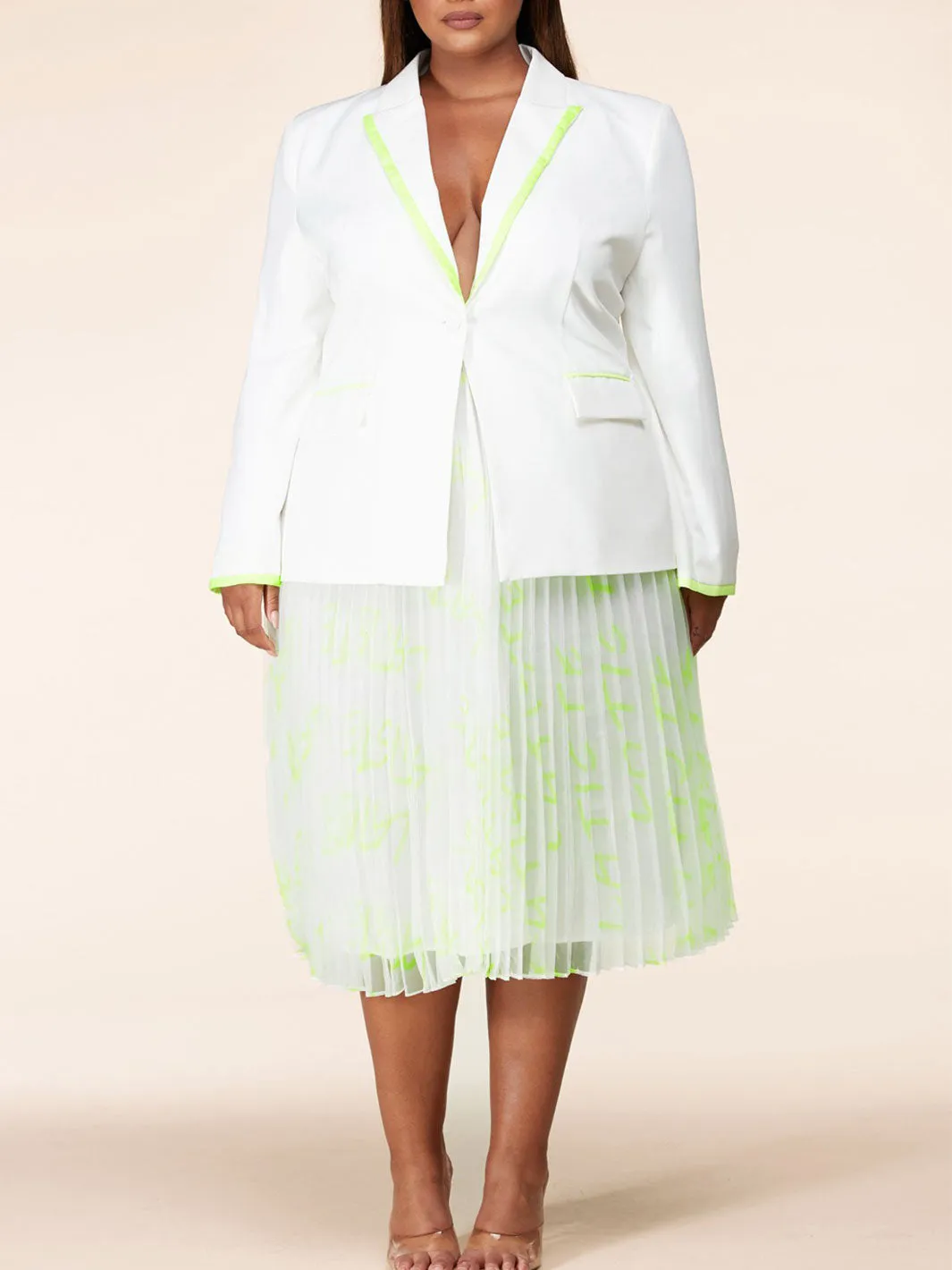 PLUS SIZE COLORBLOCK 2PC. JACKET AND PLEATED MIDI SKIRT SET